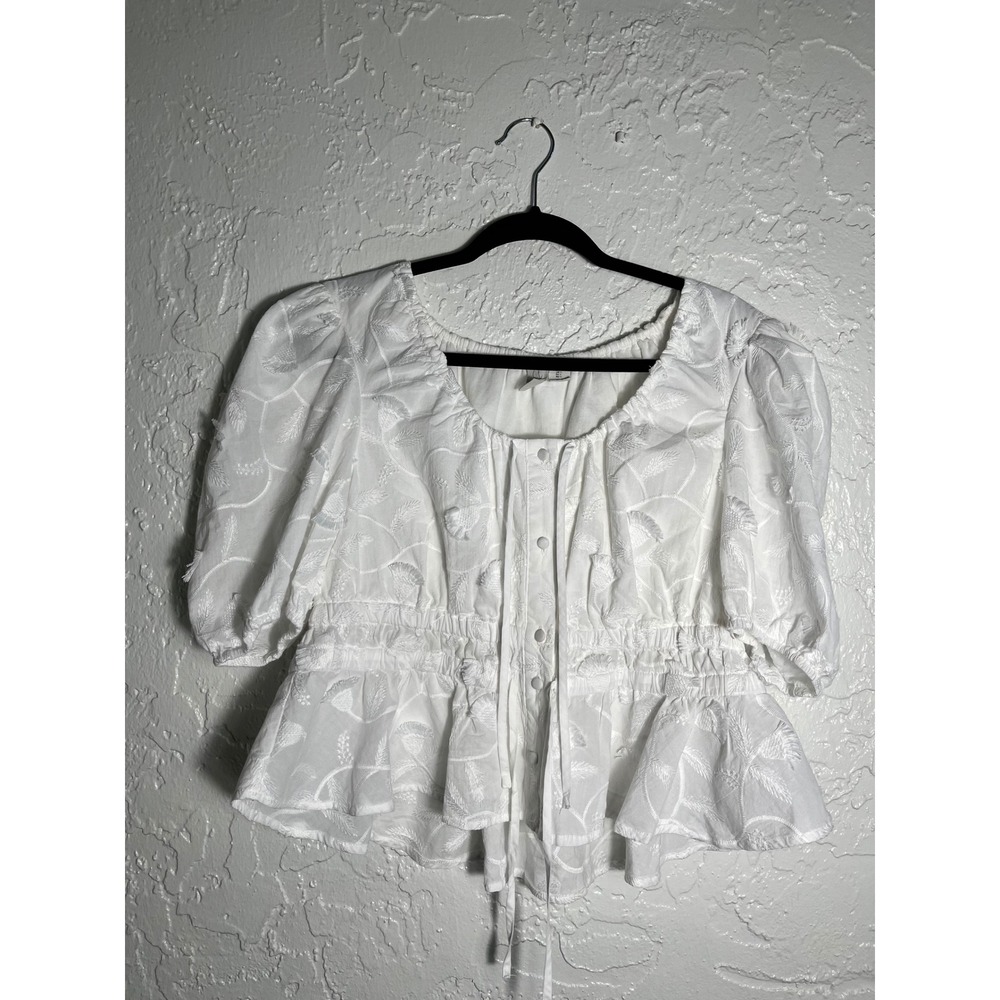 Joie White Embroidered Peplum Blouse Puff Sleeve Button Front Top Large